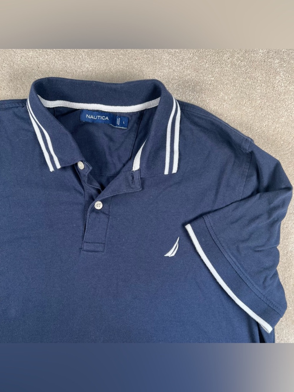 Nautica Polo Shirt Men's Large Navy Blue White Trim Cotton Blend Pullover Casual